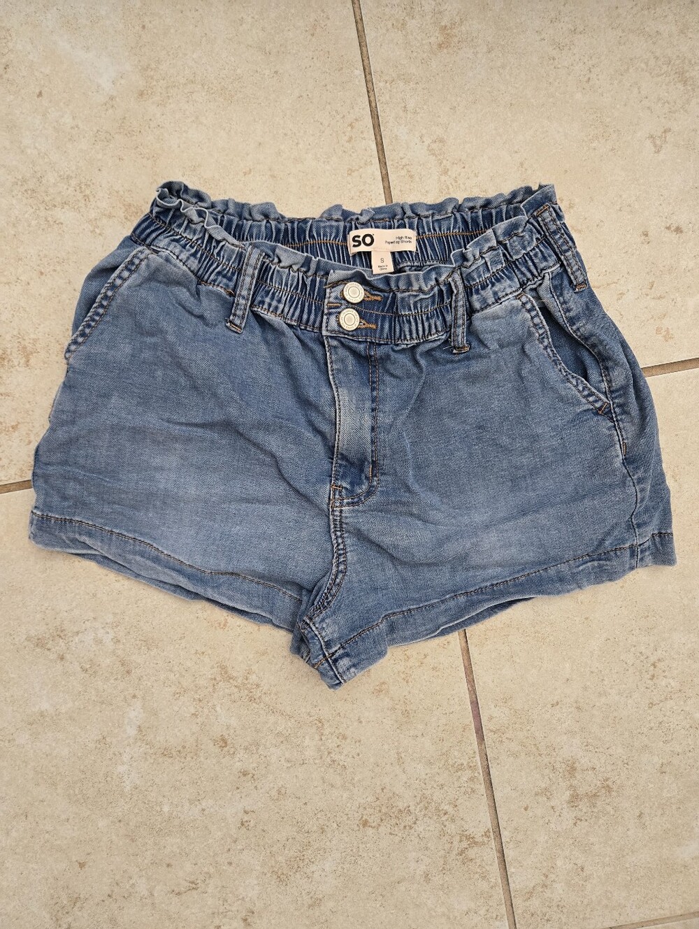 SO Womens Paperbag Waist Denim Shorts in Blue, Small